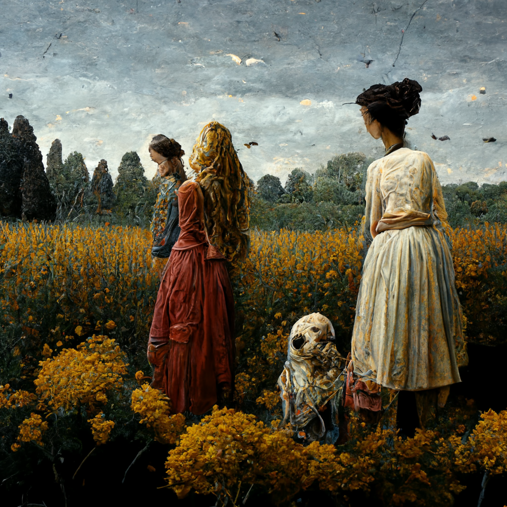 Surrealist landscape with female almost-figures, yellow flowering bushes covering a field, and a creature that looks to be part dog, part cicada