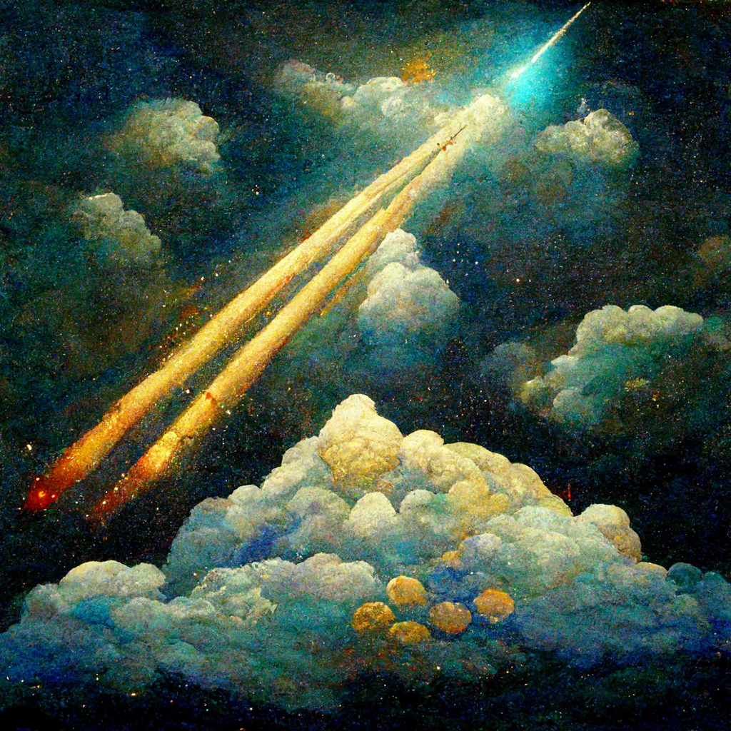 AI generated image of a shooting star streaking upward through fluffy clouds in a dark teal sky